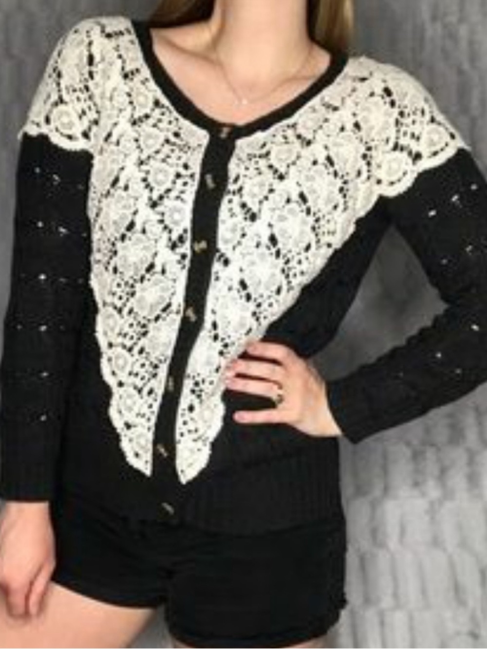 Anthropologie Finn & Clover Floral Crochet Lace Cable Knit Button Cardigan Sz S